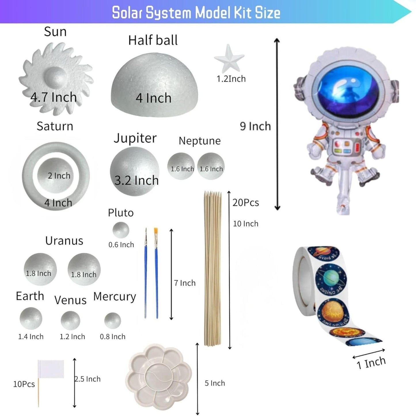 THINNGEN Solar System Model for Crafts, 54 Pack Solar System Project Kit Includes Polystyrene Foam Balls, Flags, Brushes, Sticks, Color Set, Mixing Tray, Stickers, Balloon for DIY Learn Planets