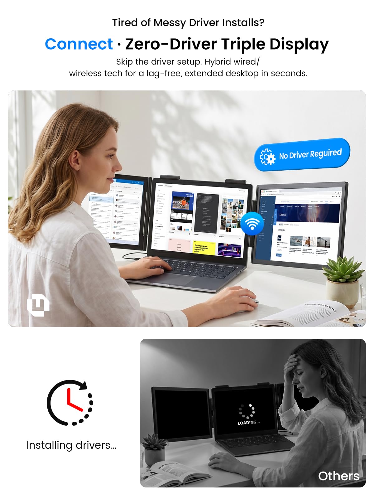 UPERFECT Laptop Screen Extender, 14'' Wireless Triple Portable Monitor, Ultra-Slim Dual Travel Monitor 125% sRGB One Cable Plug -Play Extender Monitor for MacOS/Win/Android, Fits 13.3-17.3" Laptops