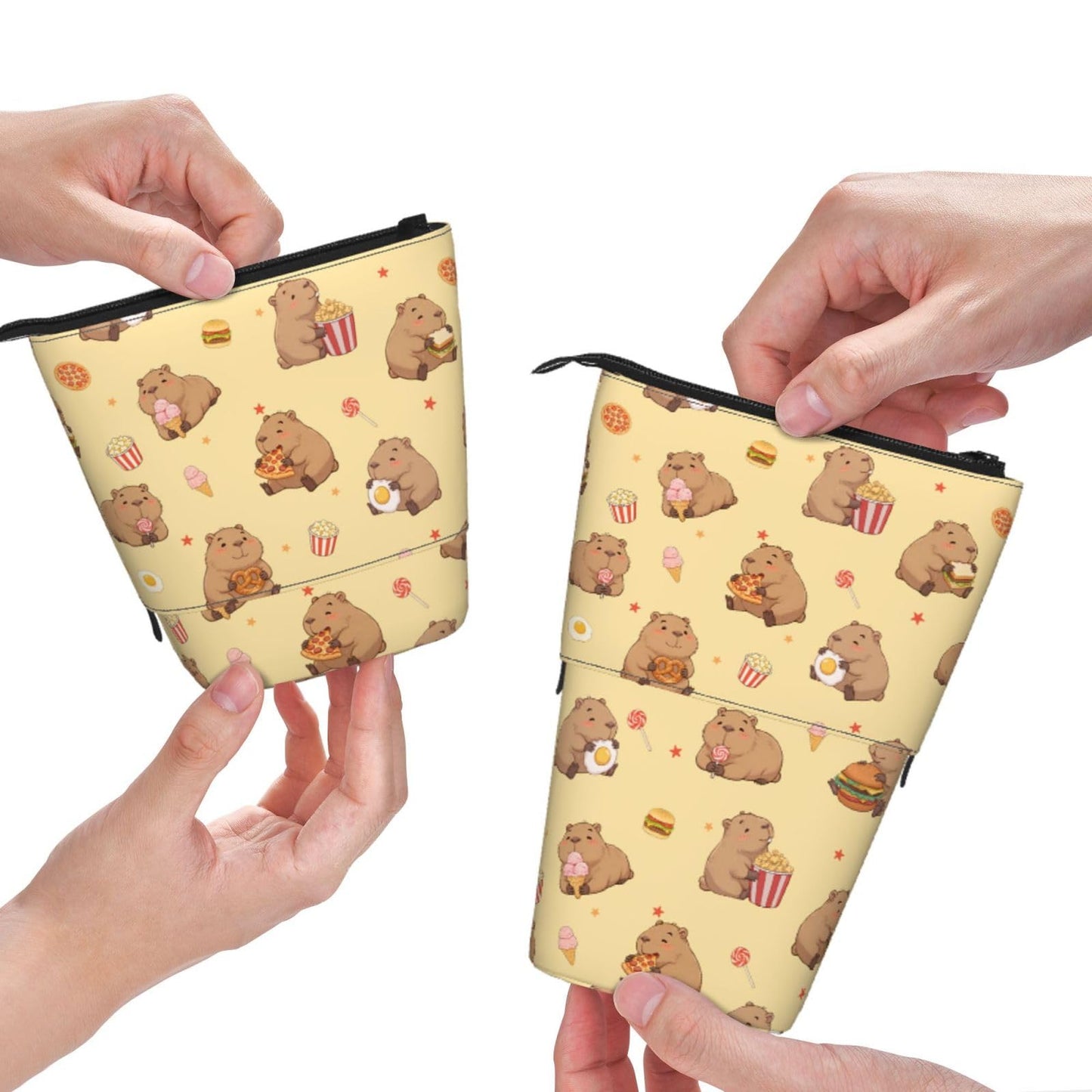 Tezmd Yellow Cute Animals Kids Standing Pencil Case Girls Boys Telescopic Stationary Pouch with Zipper Large Capacity Stand up Pen Bag Portable Makeup Holder for Children School Students