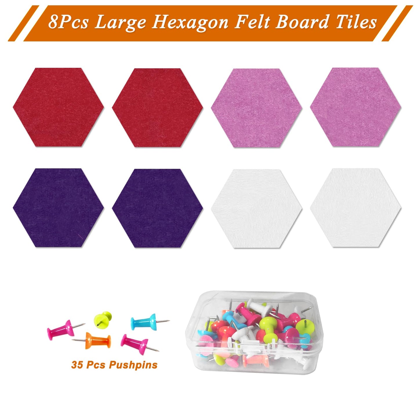 HULAVO Large Hexagon Felt Cork Board Tiles, Self Adhesive DIY Felt Bulletin Board Pin Board with 35 Pushpins for Office School Home Wall Decor(Purple+Light Purple+Deep Red)