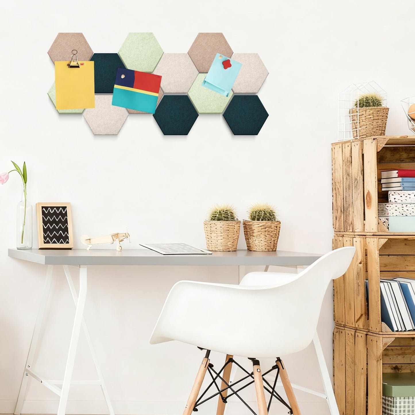 Mindsoft 32 Pcs 6'' x 7'' Hexagon Felt Cork Board Tiles with 50 Wooden Push Pins, Felt DIY Bulletin Board with 4 Tape for Office School Home Wall Decor Stickers Memos Photos Display