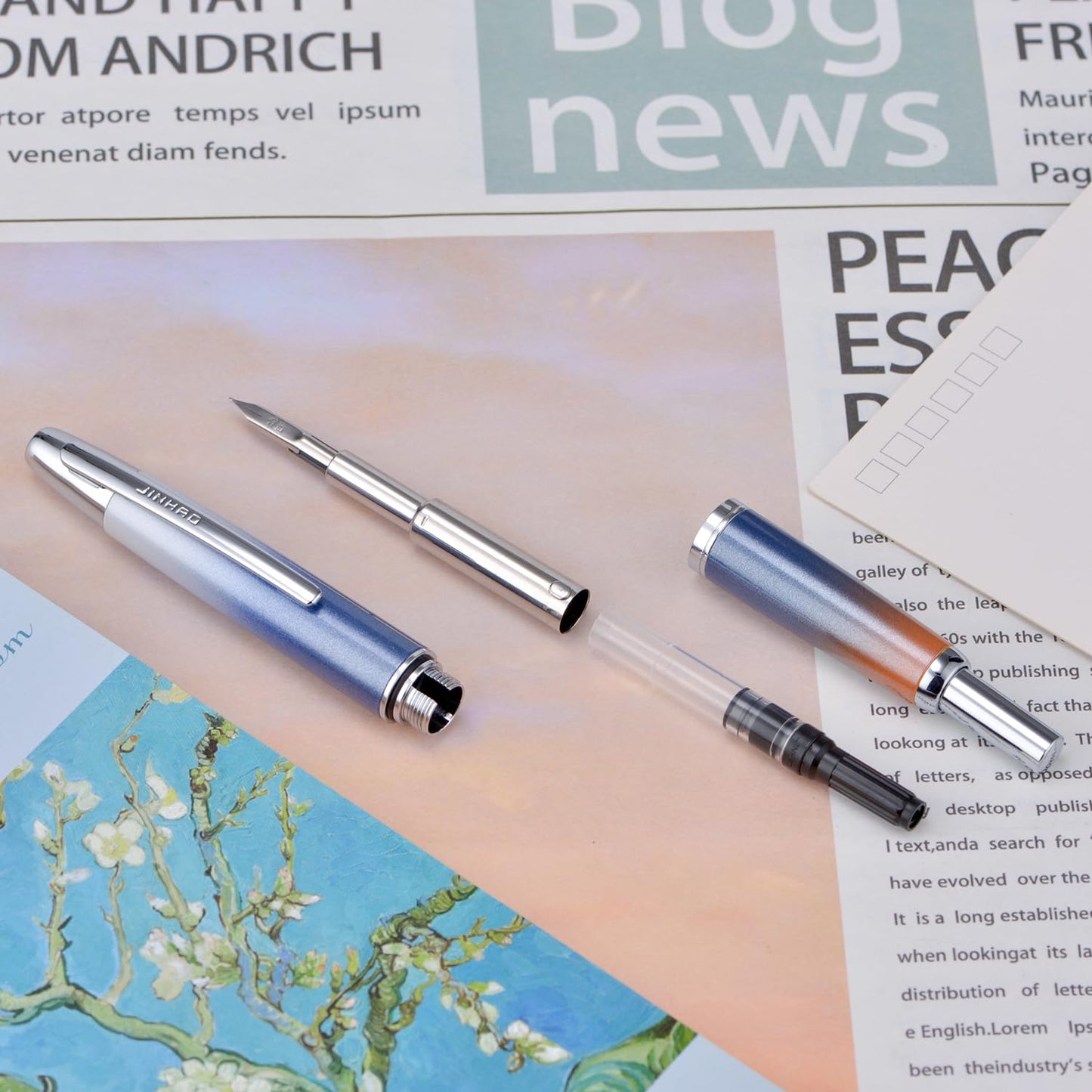 Jinhao 10 Press Fountain Pen with Box, Gradient Dark Blue Retractable Extra Fine Nib with Ink Converter Set (Silver Clip)