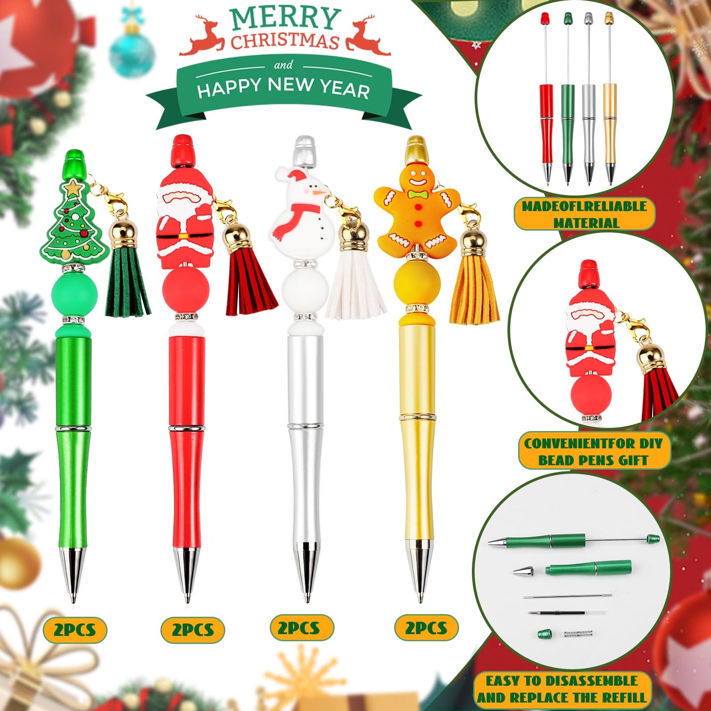 CZWZ 8 Pcs Christmas Beadable Pens, Plastic Beadable Pens with Multicolor Silicone Beads, Christmas Snowman Pine Tree Floral Hoop Deer Pens for Christmas Office School Supplies