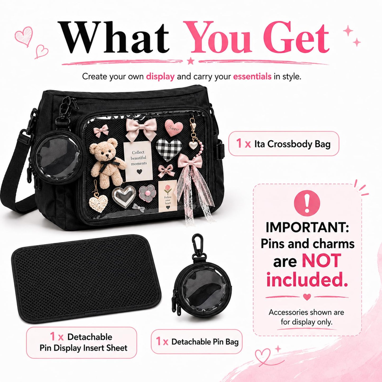 Inshere Ita Crossbody Bag, Nylon Messenger Bag with Clear Display Window and Detachable Pin Display Bag, Kawaii Shoulder Purse with Multiple Pockets, Black