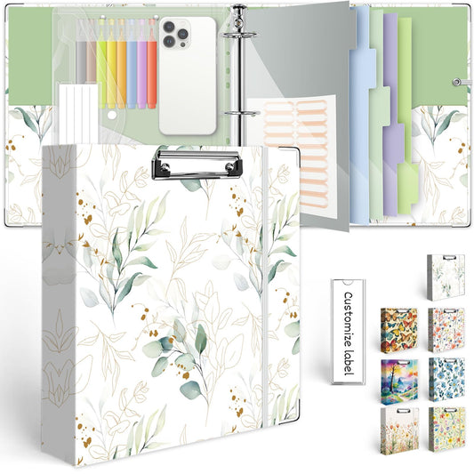 3 Ring Binder 2 Inch, Three Ring Binders Organizer with Clipboard, 5-Tabs Pockets Dividers, Plastic Folder, 18 Divider Stikers, KLLVE Cute Binder with Pen Loop (Leaves, Letter Size)