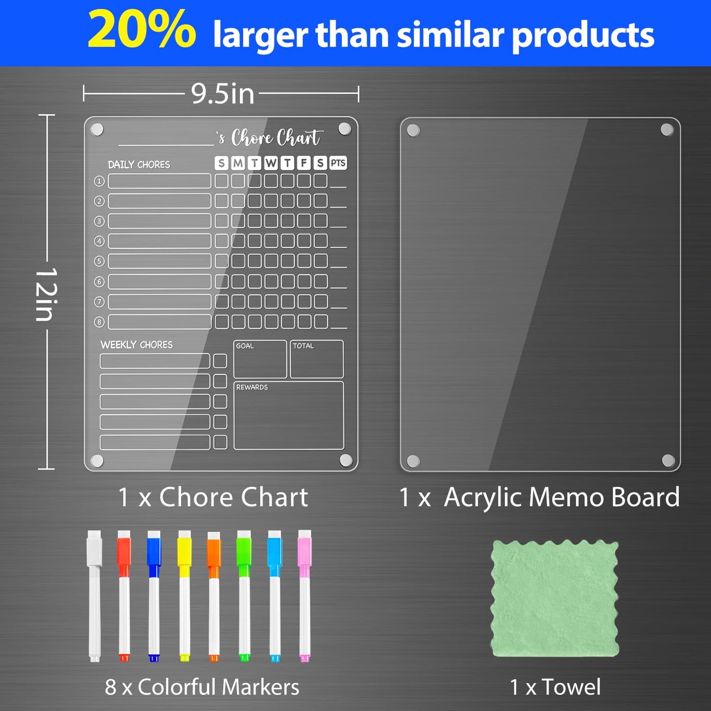 PigPotParty Clear Acrylic Magnetic Chore Chart and Blank Memo Whiteboard for Fridge, 2 Pack 9.5"x12" Dry Erase Board to Do List Meal Planner for Adult Teens Kids Family, Include 8 Markers & 1 Towel