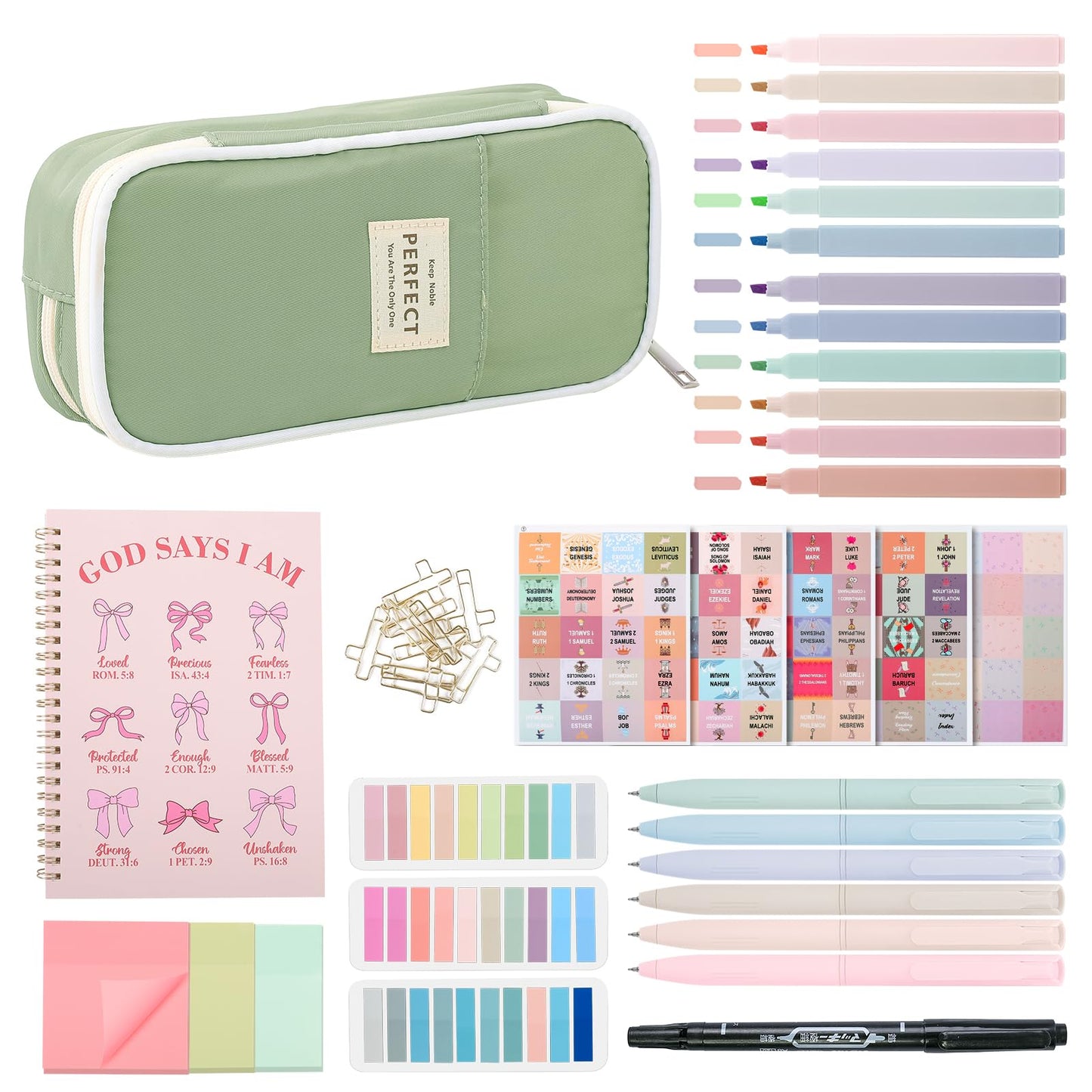 Bible Journaling Kit for Women, Bible Study Supplies Set with No Bleed Highlighters, Pens, Tabs, Notebook, Pencil Case, Christian Gifts for Women, Beginners, Students, Bible Study kit (Green)