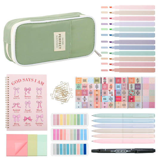 Bible Journaling Kit for Women, Bible Study Supplies Set with No Bleed Highlighters, Pens, Tabs, Notebook, Pencil Case, Christian Gifts for Women, Beginners, Students, Bible Study kit (Green)