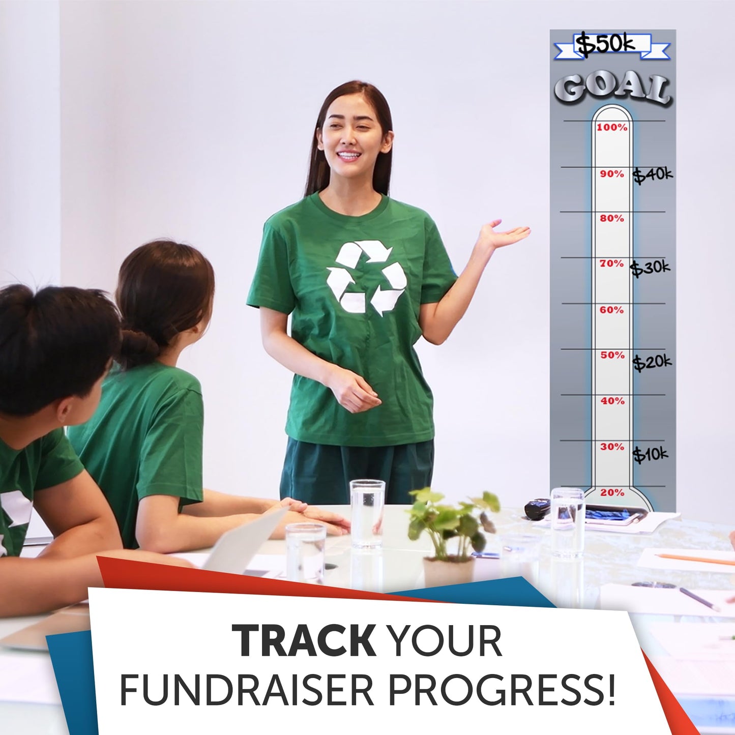 Fundraising Goal Thermometer Chart - 11" x 48", Reusable, Dry Erase Goal Tracker - Great for Schools, Churches, Offices & Charities