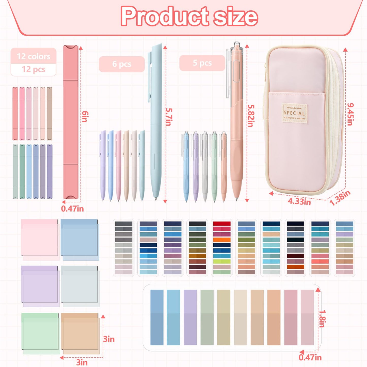 Trandraft 135 Pcs Book Annotation Kit with Pencil Case, 12 Pastel Highlighters, 11 Gel Pens, Fine Marker, 300 Transparent Sticky Notes, 2640 Index Tabs, Bible Study Supplies Kit(Classic,Pink)
