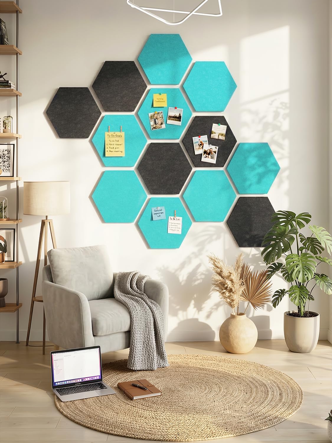 Uoisaiko 8 Pack Hexagon Felt Bulletin Board Tiles - 12" Large Thick Pin Board for Walls with 30 Push Pins, DIY Boards for Office Home School Decor, Aesthetic Hex Cork Board Alternative