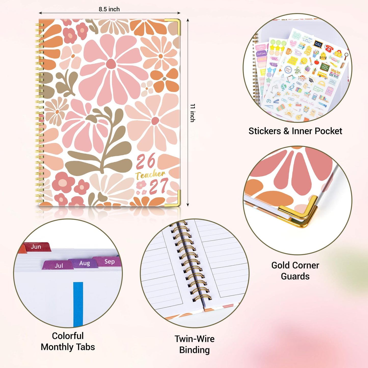 Teacher Planner 2026-2027 Academic Year, Jul.2026 - Jun.2027, 8.5" x 11" Lesson Planner Book for Teachers, Teacher Planners with Colorful Monthly Tabs, Hardcover- Pink