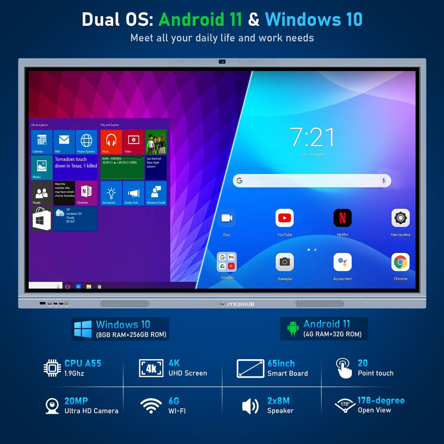 Smart Board Collaboration Hub, JYXOIHUB Digital Electronic Whiteboard Built in Dual OS for Classroom and Business, Touch Screen Interactive Smart Whiteboard (Board Only) (65 Inch)
