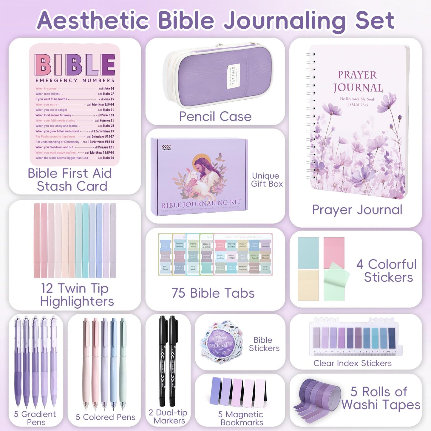 XKDOUS Bible Study Supplies Journaling Kit for Women, Bible Study Kit Journaling Supplies with Prayer Journal, Highlighters, Emergency Card, Pencil Case and More, Christian Gifts for Women, Purple