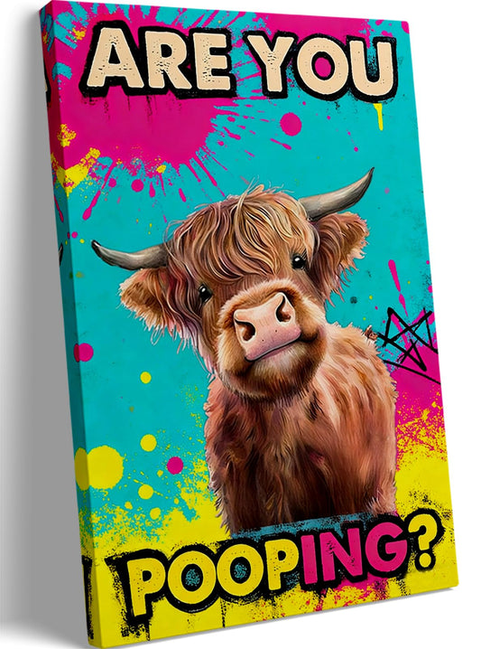 Funny Highland Cow Bathroom Canvas Wall Art Prints, Are You Pooping Sign, Colorful Pop Art Toilet Poster for Washroom, Graffiti Humorous Restroom Wall Decor, 16x24 Inch Framed Painting Ready to Hang