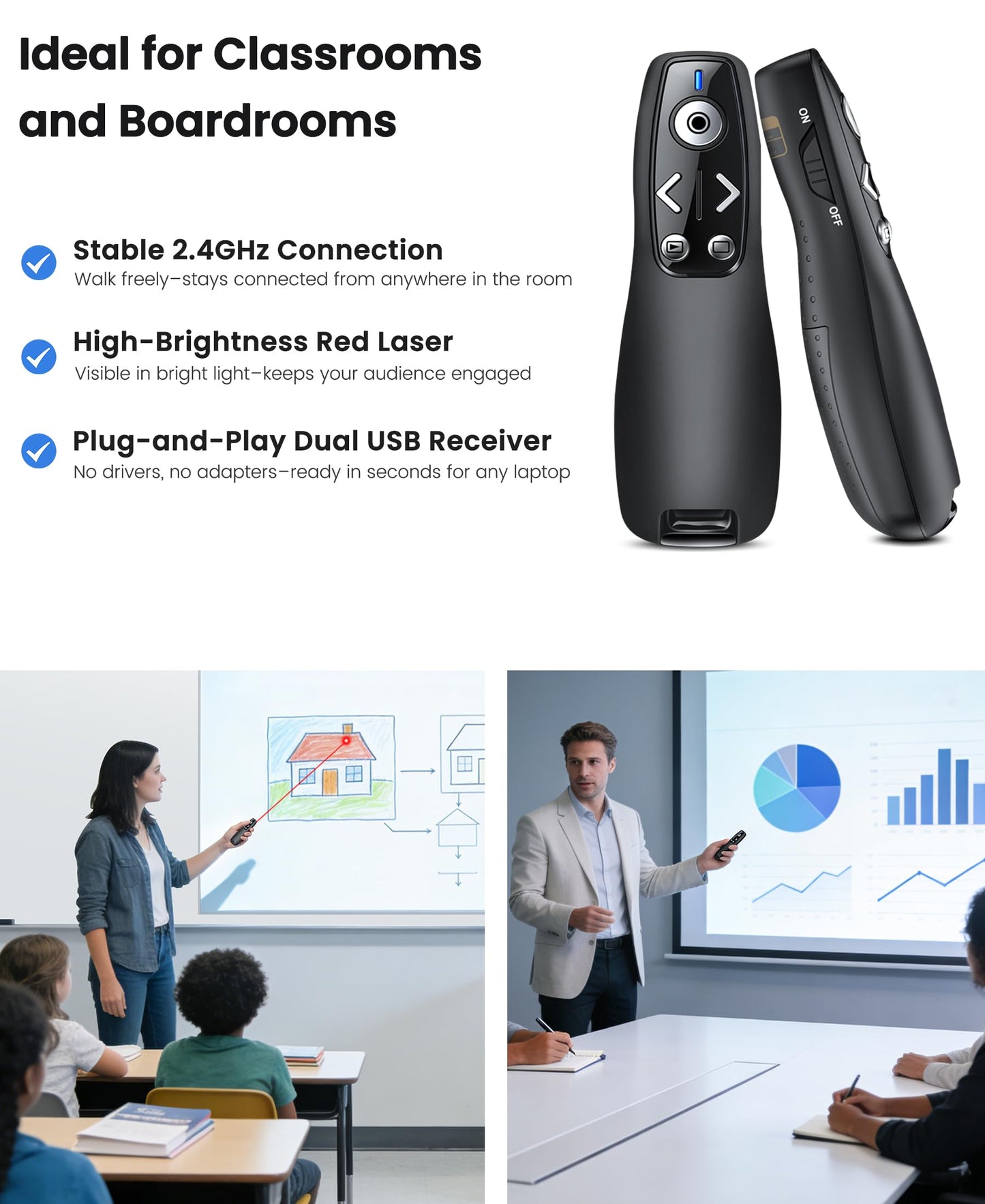 Presentation Clicker with USB-A & USB-C Receiver, 2.4GHz Wireless Presenter Remote with Volume Control & Red Light Pointer, Clicker for PowerPoint Slides Slide Advancer for Mac Computer, Plug & Play