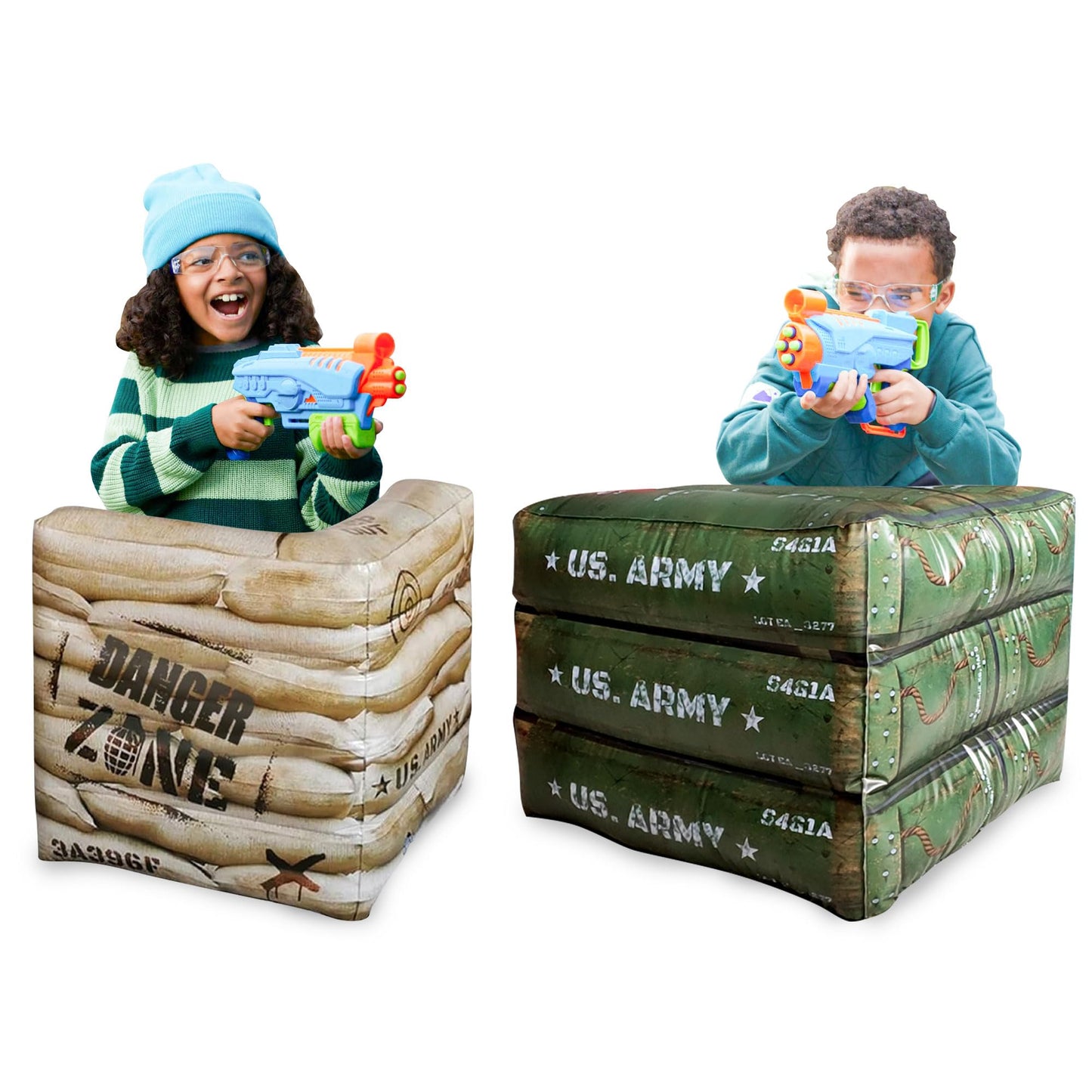2-Piece Inflatable Combat Barricade Set — Includes 1 Army Box and 1 Sandbag for Laser Tag, Water Blaster, Dart Blaster, and Action Game Parties