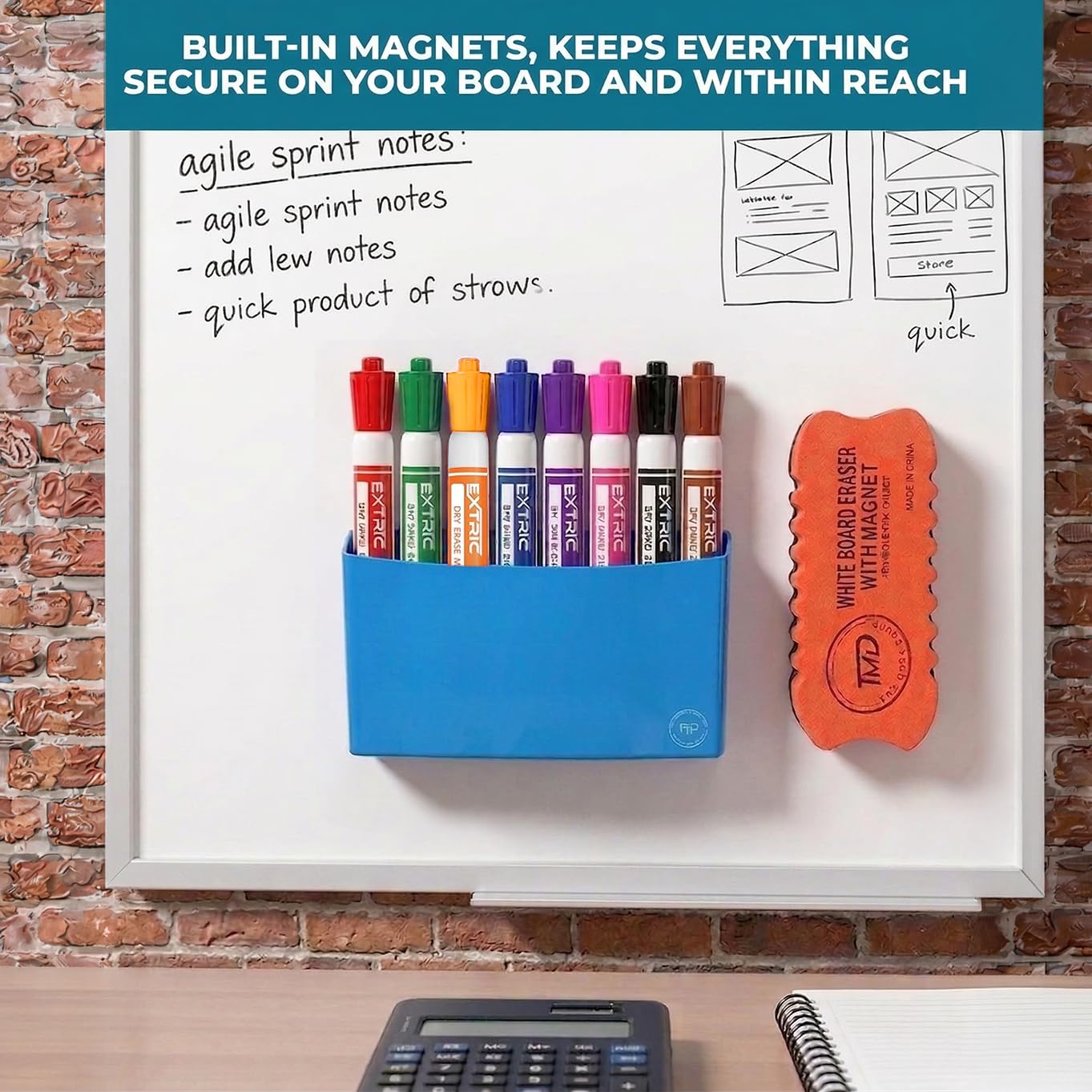EXTRIC Dry erase Markers Chisel Tip, 8 Whiteboard markers, Magnetic Marker Holder & Eraser, Low Odor White Board Marker Dry Erase - Non Toxic for Classroom, Home, or Office Supplies