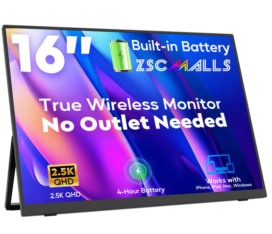 16" 2.5K Wireless Portable Monitor with Battery 8000mAh, 500 Nits HDR Display, 125% sRGB, USB-C / Mini HDMI External Travel Monitor, Auto Rotation, VESA Compatible for MacBook, iPhone, iPad, Windows