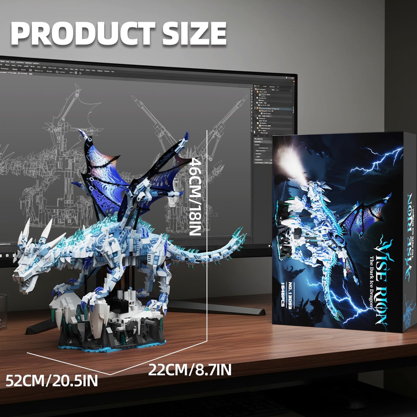 Myth Qholve Mechanical Dark Ice Dragon Building Block Set with Motor & Hand Crank Motion Movable Head, Wings & Limbs Fantasy Dragon Model Kit for Teens & Adults