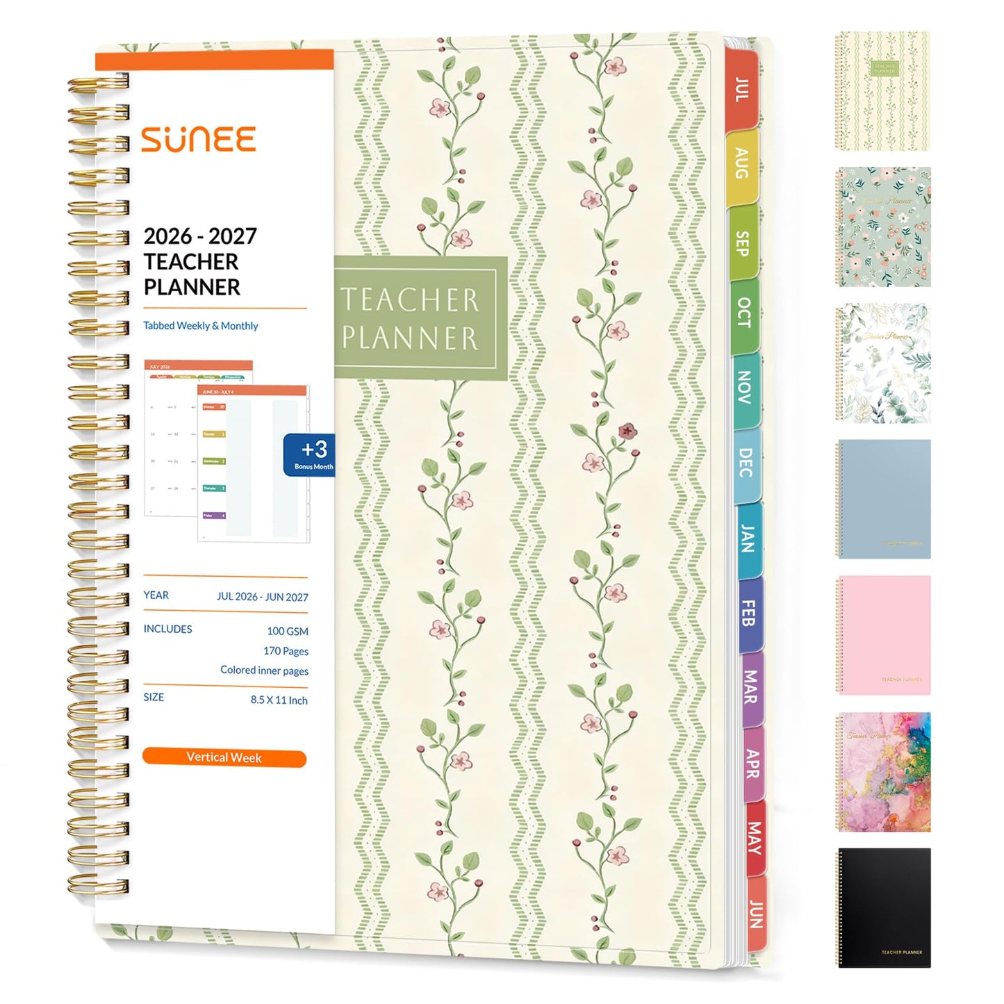 SUNEE Teacher Planner 2026-2027 Academic Year, Lite Lesson Planner Book with 7 Periods Jul 2026 - Jun 2027, 8.5"x11" Daily Weekly and Monthly Organizers, Plan Book with Pocket, Tabs, Floral Stripes