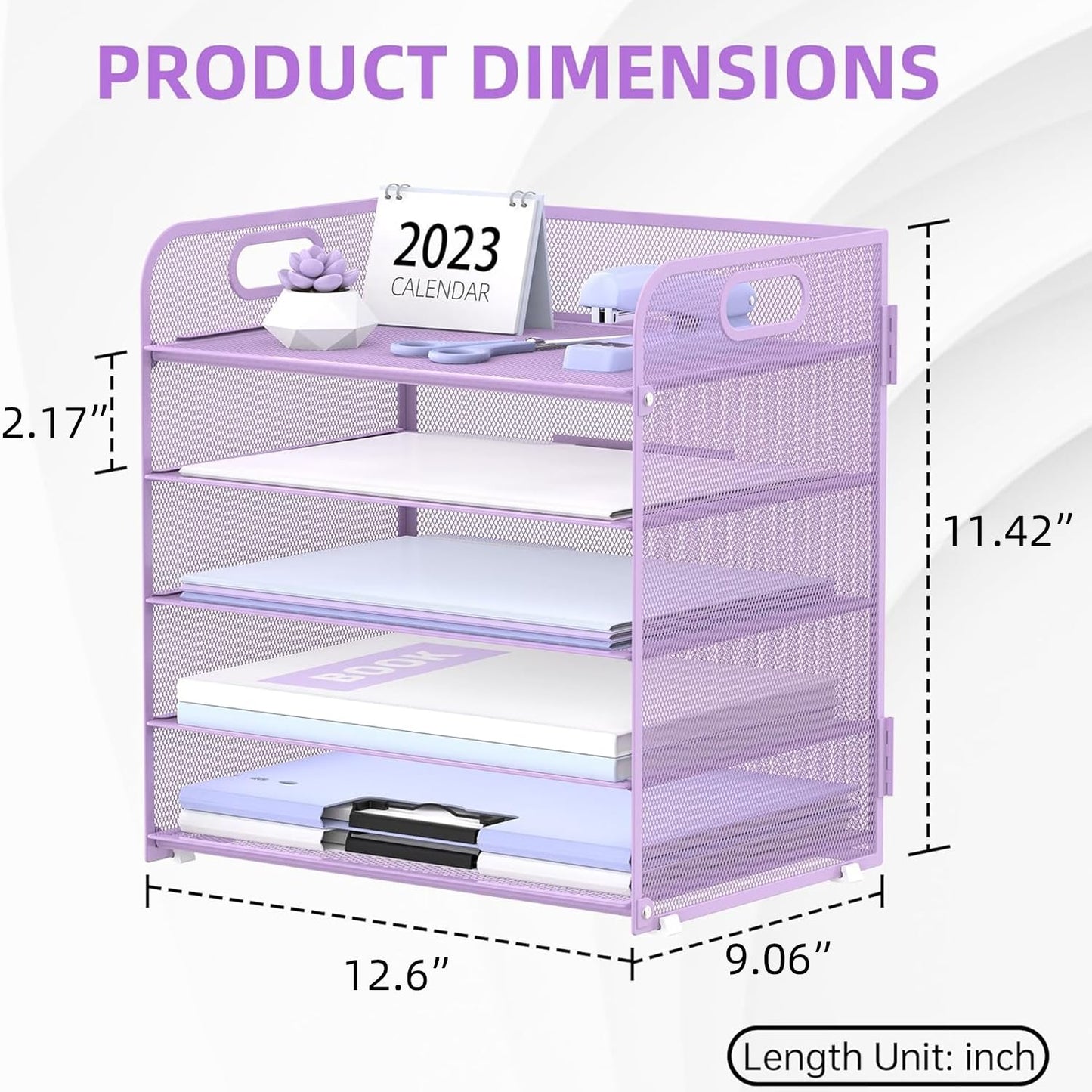 Supeasy 5 Trays Paper Organizer Letter Tray with Handle-Mesh Desk File Holders, Paper Sorter Desk Organizer for Office, Home, Classeoom or School, Purple