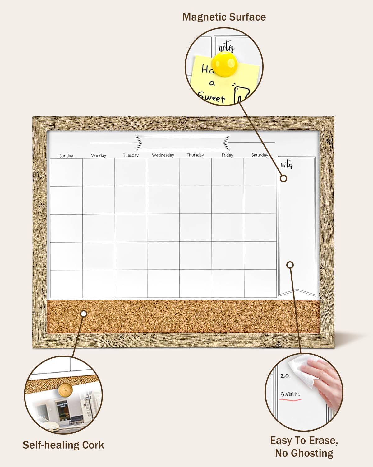 Dry Erase Calendar Whiteboard for Wall, Small Combination Magnetic Dry Erase White Board & Bulletin Board, 13" x 17" Rustic Brown Frame Calendar/Cork Combo Board(RB-3343)