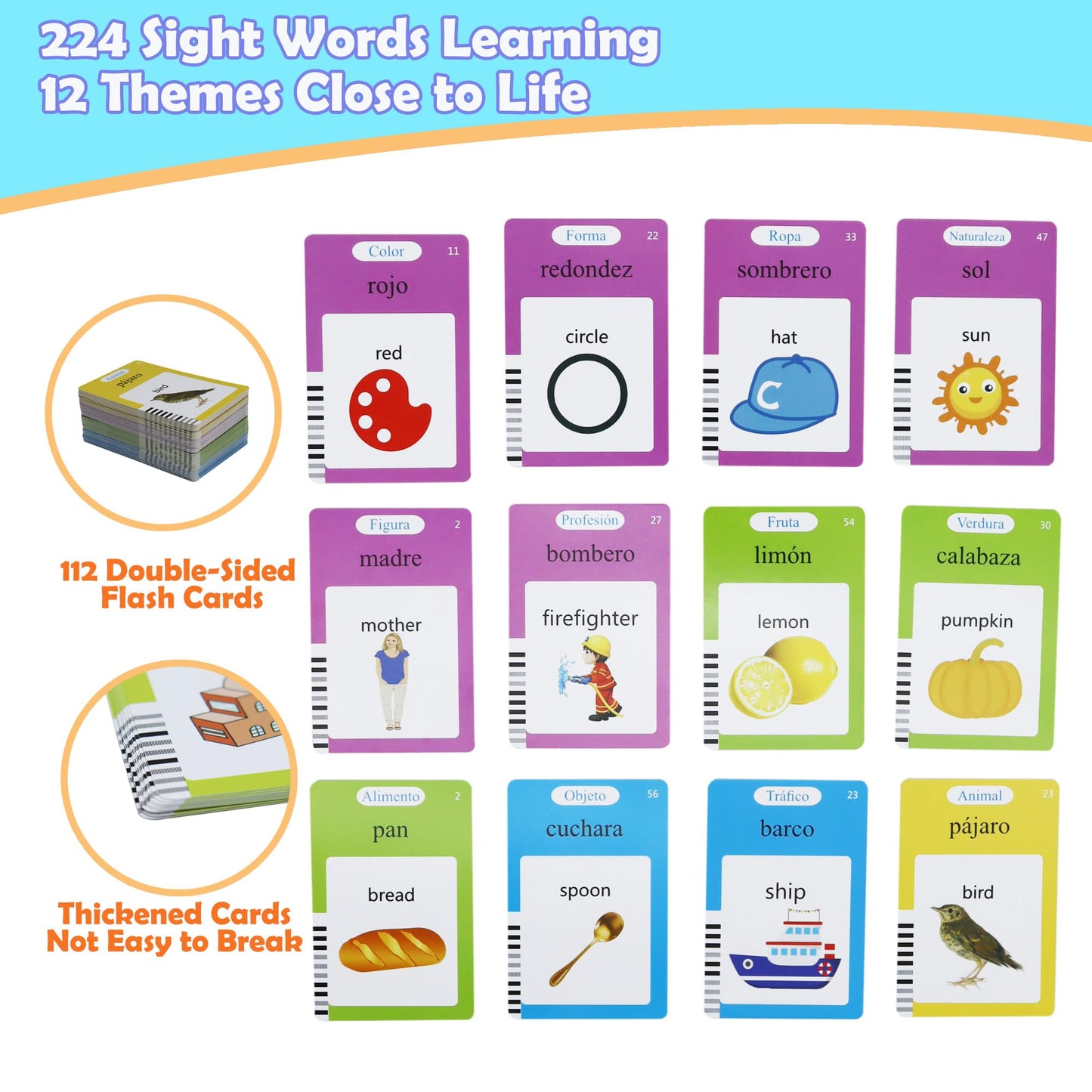 MAYAPHILOS Spanish and English Pocket Speech Therapy Toys with 224 Sight Words, Bilingual Flashcards for Preschool Learning, Gifts for Toddlers