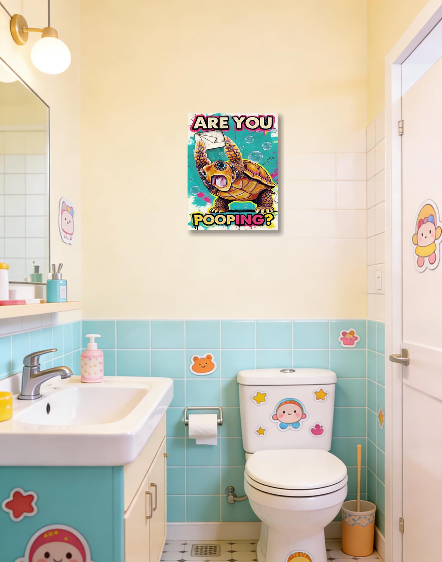 Funny Turtle Bathroom Wall Art Painting, Are You Pooping? Graffiti Humor Canvas Print, Teal Pop Art Bathroom Poster Decor, 12x16 Inch Framed Wall Picture for Bathroom Restroom Toilet Washroom