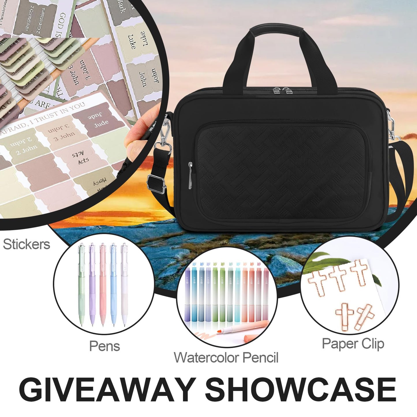 LAOTANGJIA Large Bible Cover Case for Mens Boys Women Organizer, Church Bag Book Carrying Case with Highlighters Shoulder Strap Pens Cross Clip Study Supplies Journaling Kit, Christian Gifts Black