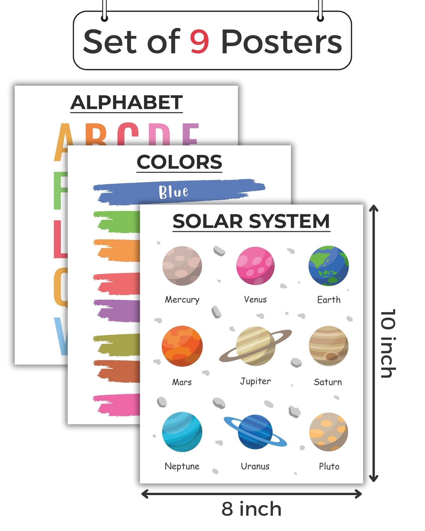 CNTG Design Educational Posters – Set of 9, 8x10 Inch Unframed Wall Art – Alphabet, Numbers, Solar System, Shapes & Classroom Decor for Homeschool (Essential Learning)
