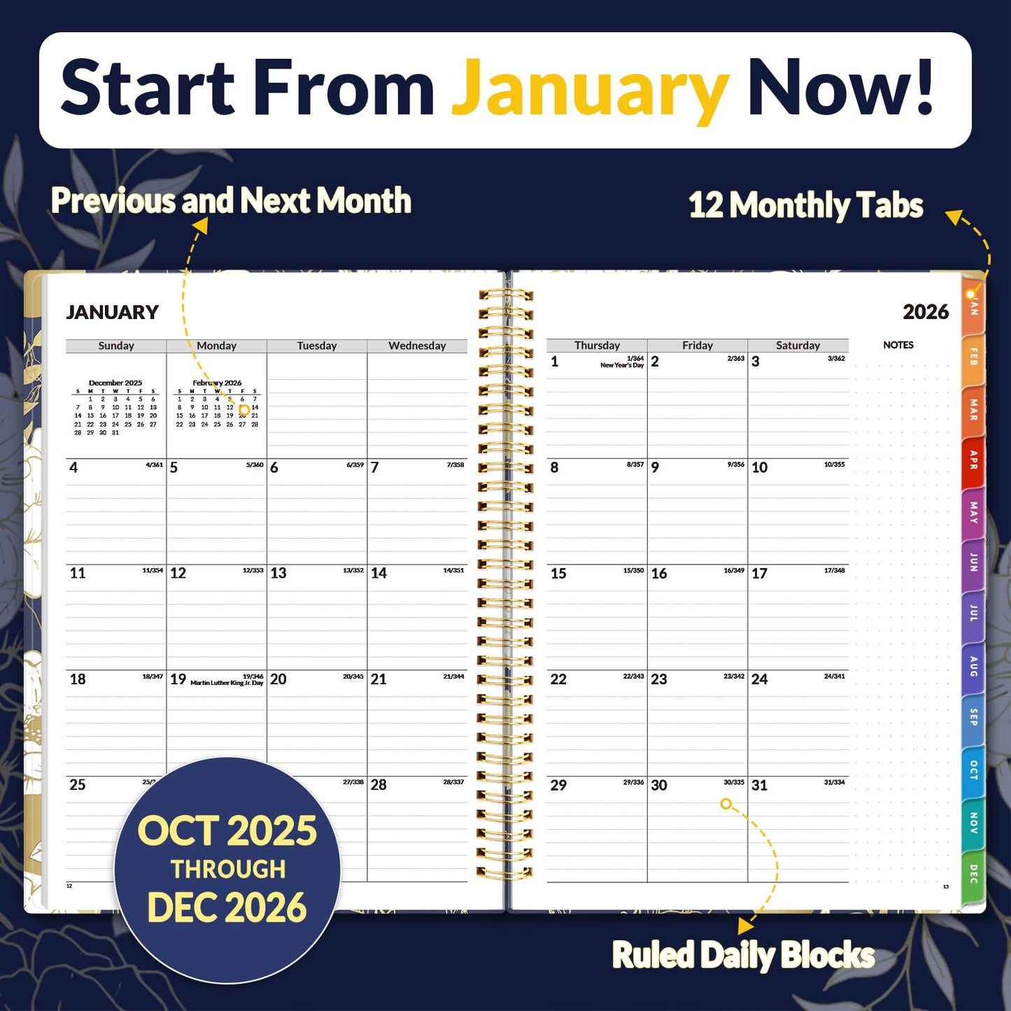 SUNEE 2026 Weekly and Monthly Planner - from January 2026 - December 2026, Daily Agenda Planner with Monthly Tab, Flexible Cover, Note Pages, Pockets, Bookmark, Spiral Binding, Vintage Floral, 8.5"x11"