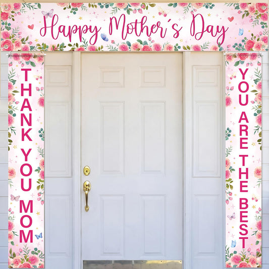 Fanfanwin 3 Pcs Pink Happy Mother's Day Banner Set Thank You Mom Front Door Banner Rose Floral Mother Decor You Are The Best Mama Party Supplies Decorations for Women Mama Wife Hanging Home Decor