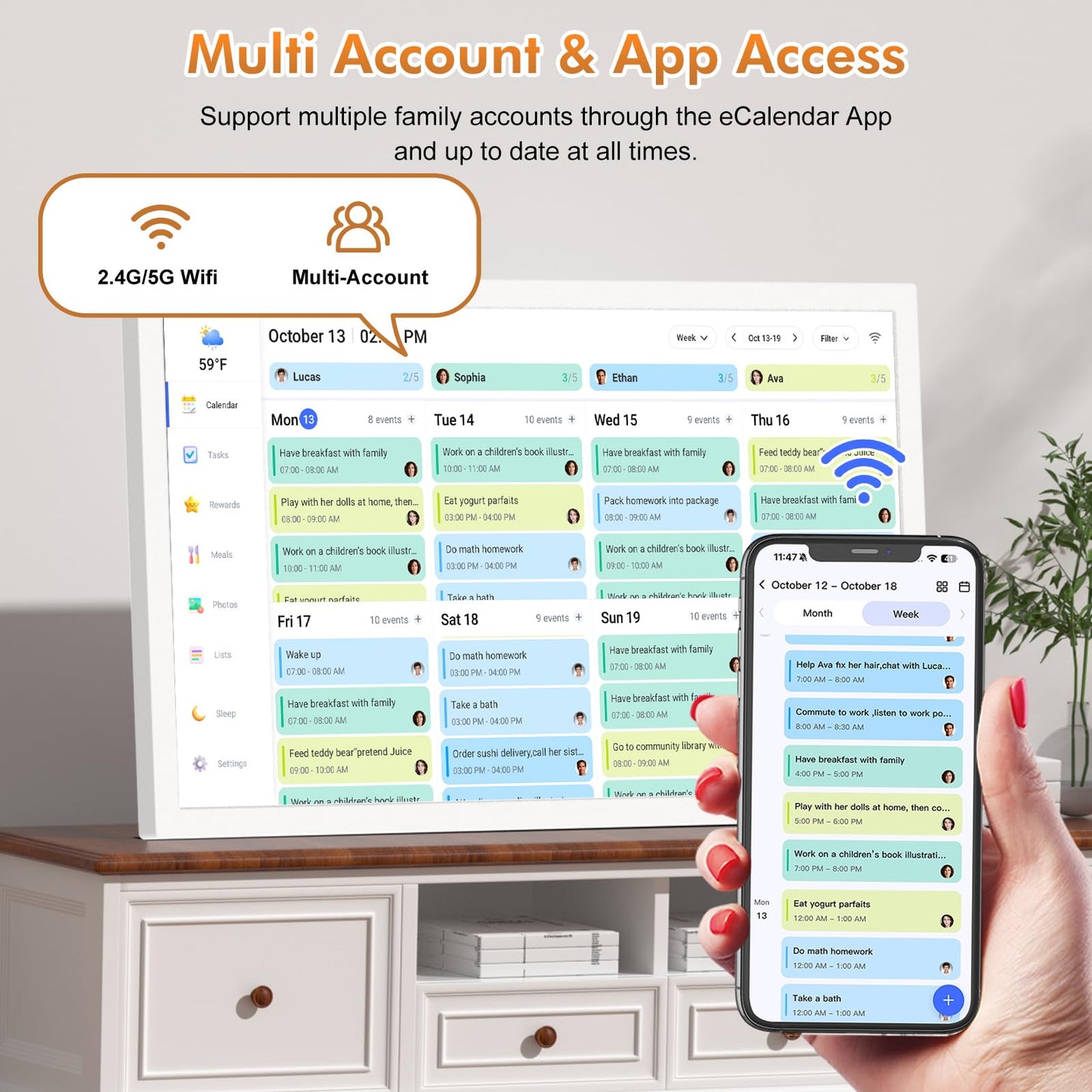 24" Smart Calendar Digital Chore-Chart-for-Planner - Touchscreen Display Electronic Calendar for Family Schedules, 32GB, Auto-Sync Google iCloud Outlook Calendars, Wall Mounted Household Organization