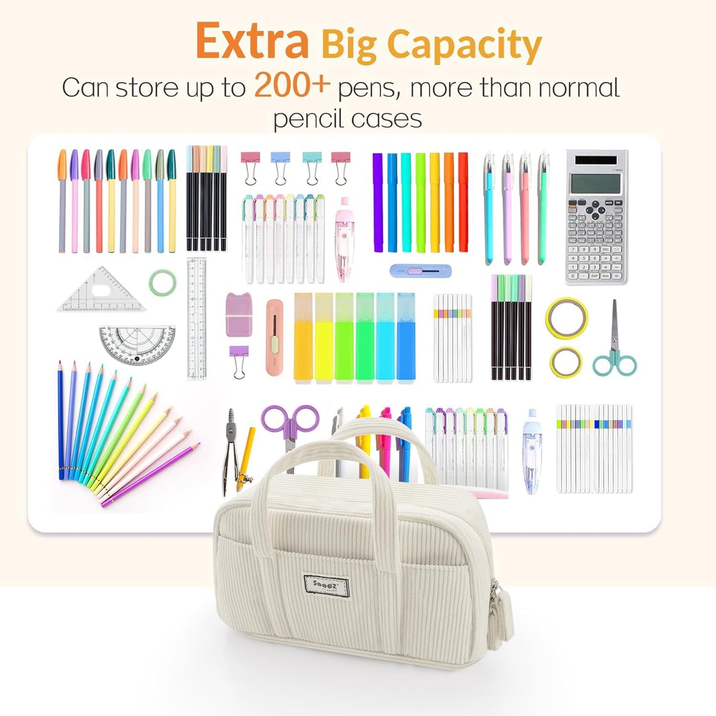 Sooez Large Pencil Case Pouch, Extra Big Pencil Bag with 5 Compartments, Pen Bag Wide Opening, Soft Corduroy Pencil Organizer with Zipper, Cute Aesthetic School Supplies for Teen Girls Light Pink