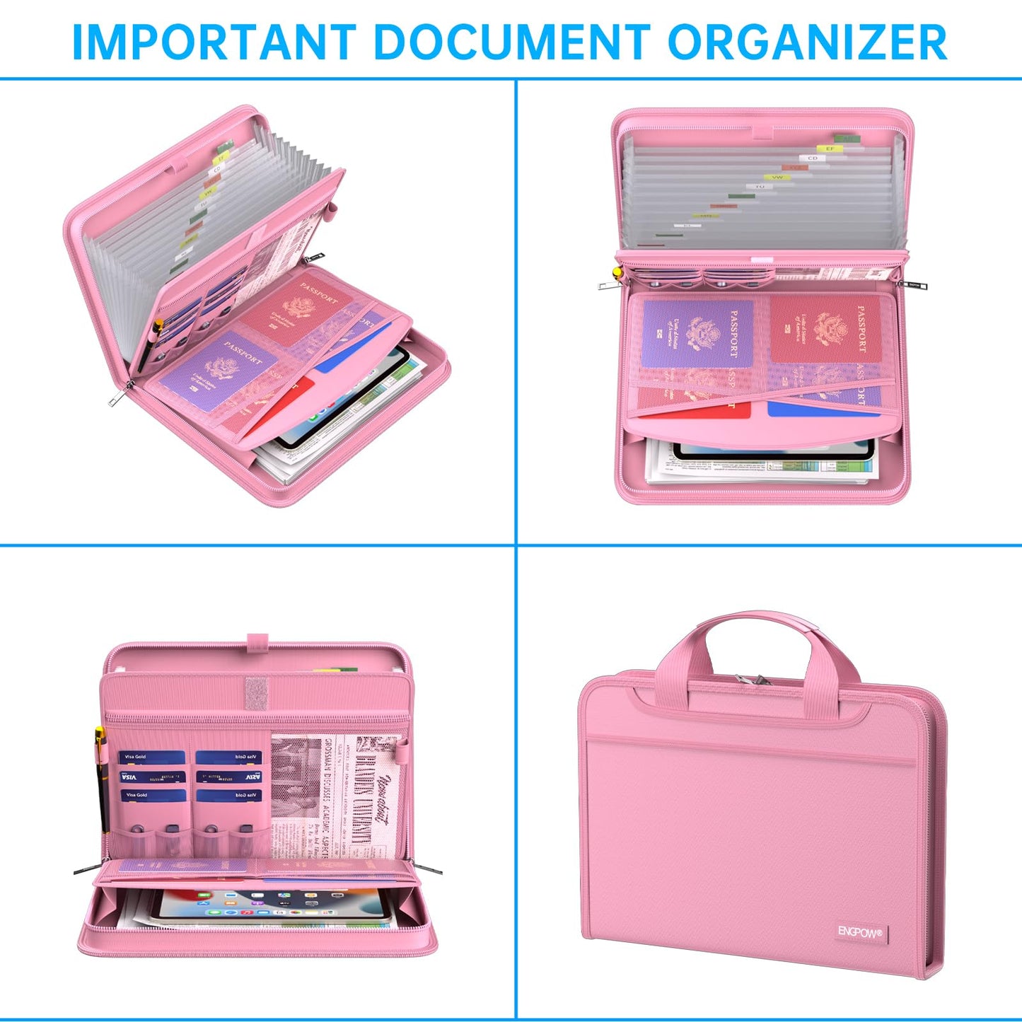 ENGPOW Accordion File Organizer,Fireproof Expanding File Folder with Multi Pockets,13 Pockets Document Organizer with Handle & Labels,Portable Home Travel Safe Storage Folder for Letter A4 Files,Pink