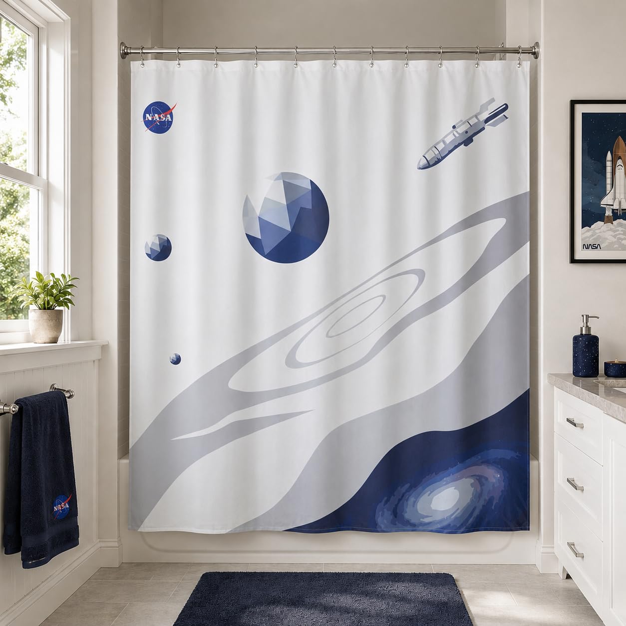 DRIFTED ROOT NASA Licensed Shower Curtain Set, Minimalist Planet Orbit Galaxy Design, Space Poster Art, Oxford Cloth, Bathroom Hotel Decor (Celestial Tides-White/Blue, 72" W x 72" L (Pack of 1))