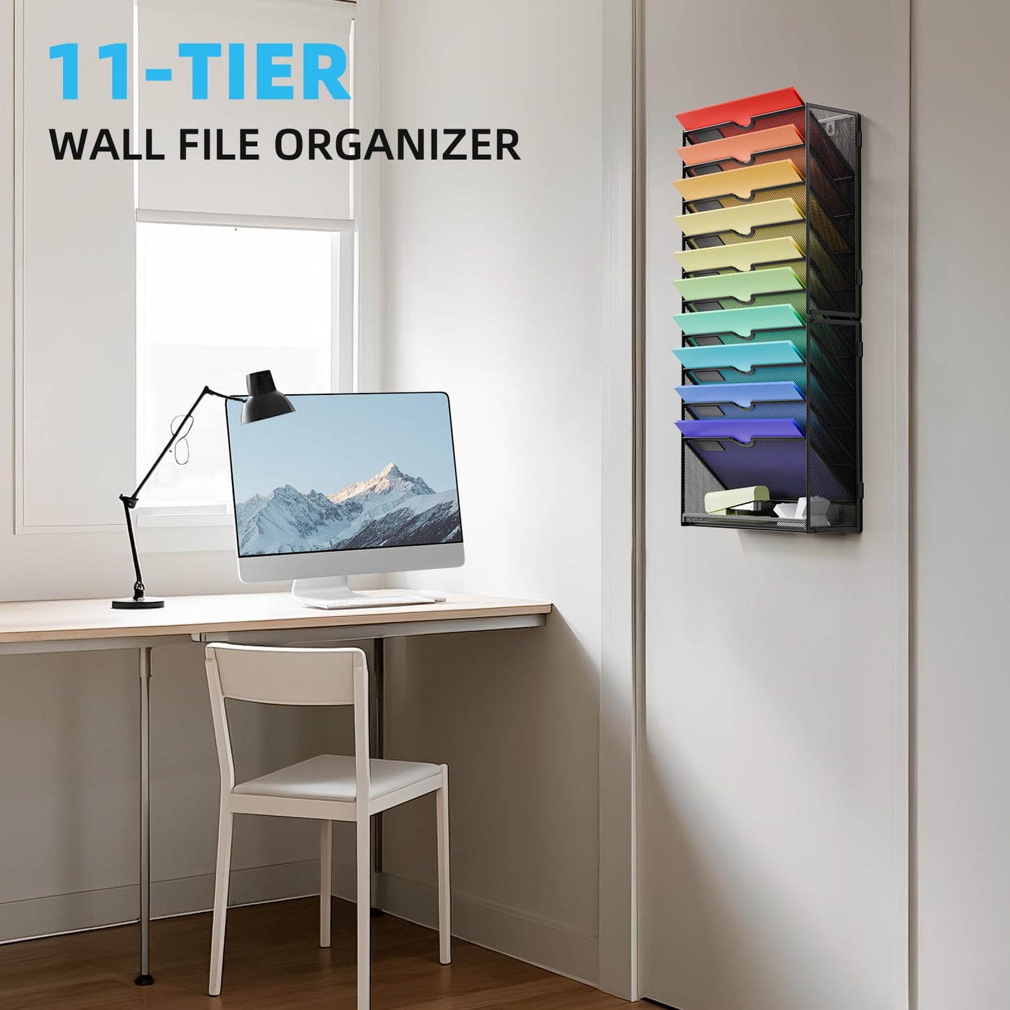 Marbrasse Wall File Holder 11-Tier Hanging Wall File Organizer, for Papers, Files Clipboard & Magazine Organizer, Wall Mount File Holder Great for Office Home (Black)