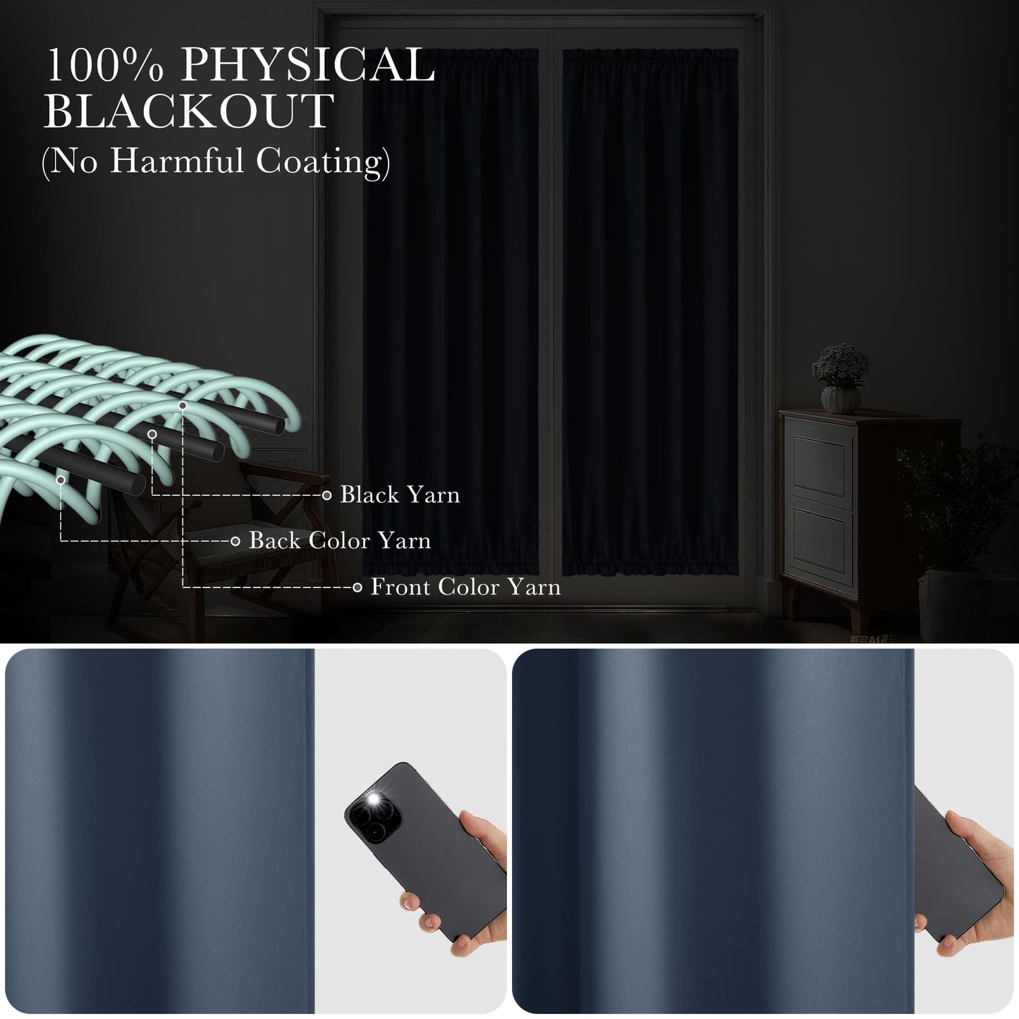 PONY DANCE Stone Blue Back Door Curtains for Door Window, 100% Blackout Dual Rod Pocket Privacy French Curtain for Kitchen, Thermal Insulated Small Window Drapes for Classroom, W25 x L40, 1 Panel
