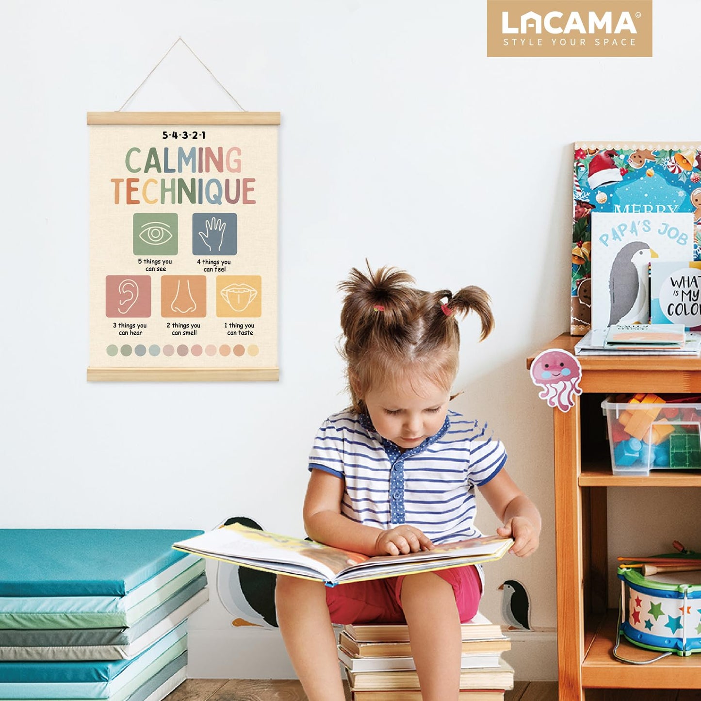 Lacama Calming Corner Items Kids Calm Down Corner Supplies Calming Corner Decor， Calming Technique Posters Hanger Frame for Therapy Office Homeschool Boho Classroom 12X16in