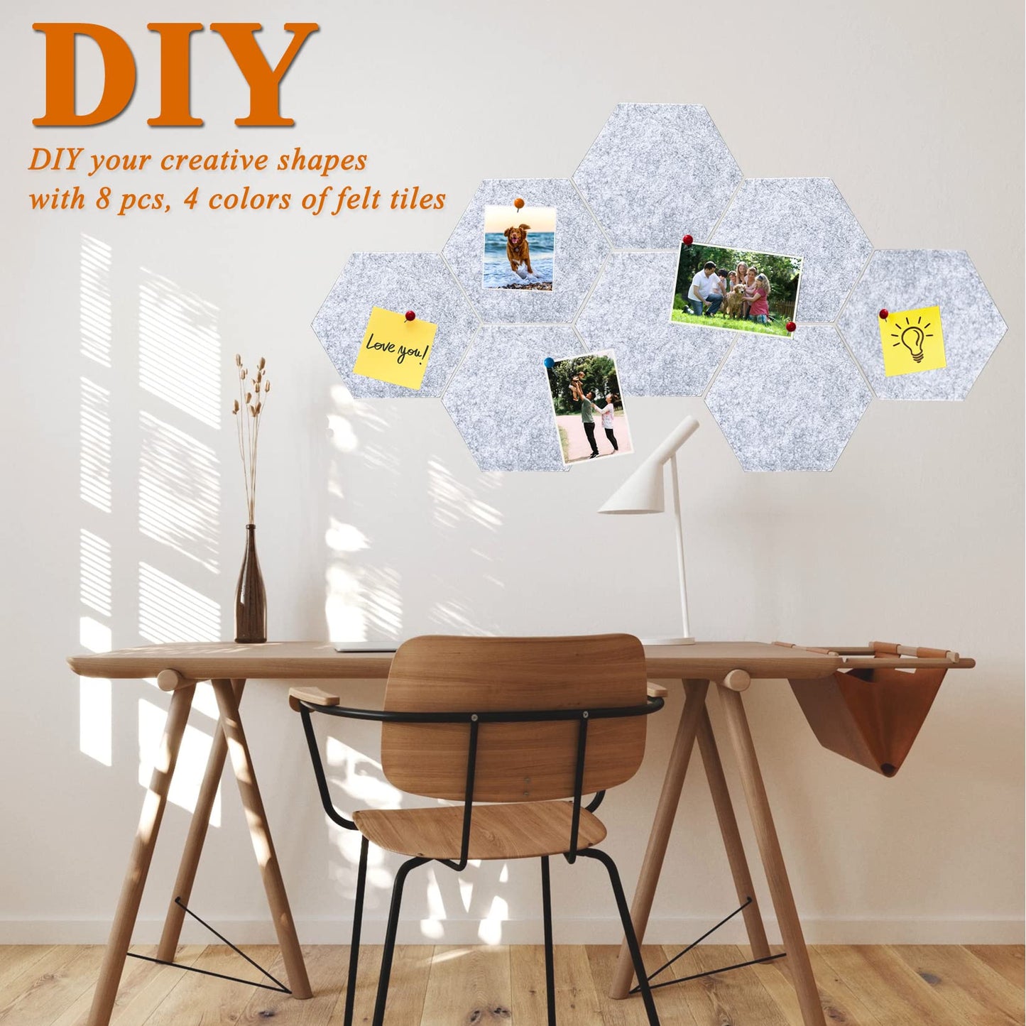 HULAVO 8Pcs Hexagon Felt Cork Board Tiles, Self Adhesive DIY Bulletin Board Pin Board for Office School Home Wall Decor Memos Photos Display (Light Grey)