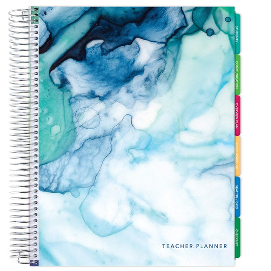 Elan Publishing Company DELUXE Undated Teacher Planner: 8.5x11 Includes 7 Periods, Page Tabs, Bookmark, Planning Stickers, Pocket Folder Daily Weekly Monthly Planner Yearly Agenda (Seaside Watercolor)