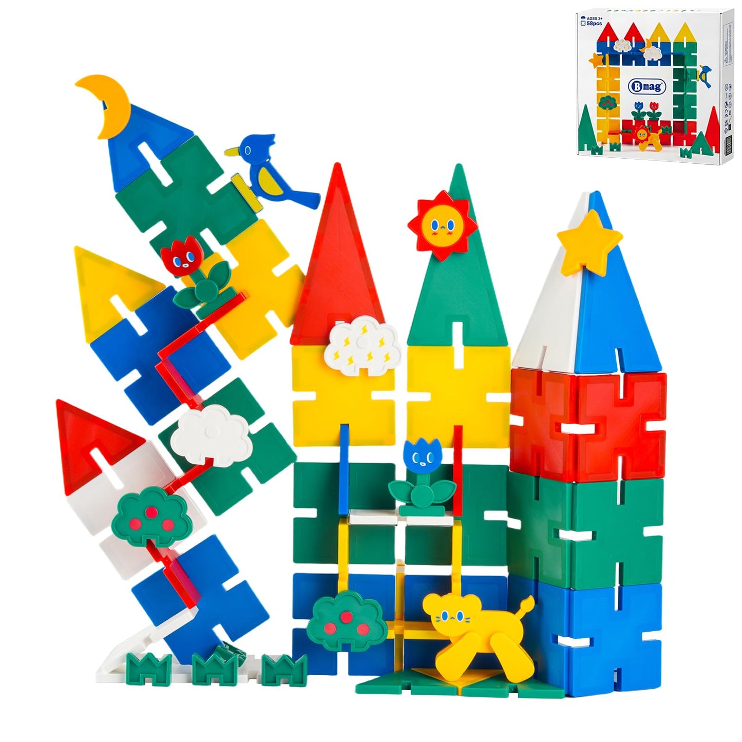 Bmag Magnetic Tiles 58PCS,Groove Interlocking Design Magnet Building Blocks with Lion, Sun,Cloud & Grass,STEM Toys for Toddlers 3+, Preschool Learning Gift for Boys & Girls