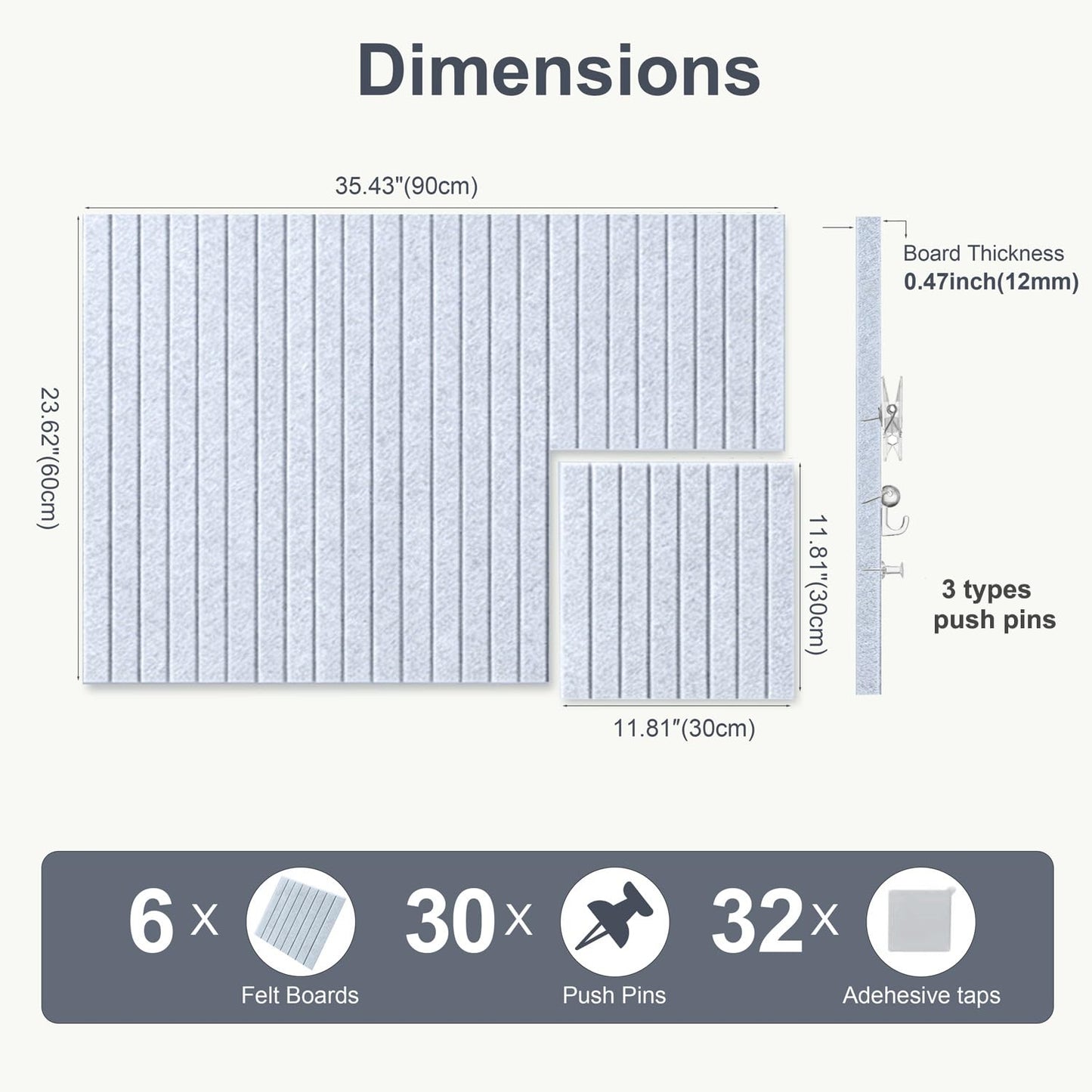 G Gamit 0.47" Thick Felt Pin Board 36"x24" Large Cork Board Alternative 6 Pack 11.81"x11.81"Felt Bulletin Board Wall Tiles Notice Board with 30 Pushpins for Home Office School(Fine-Silver Grey)