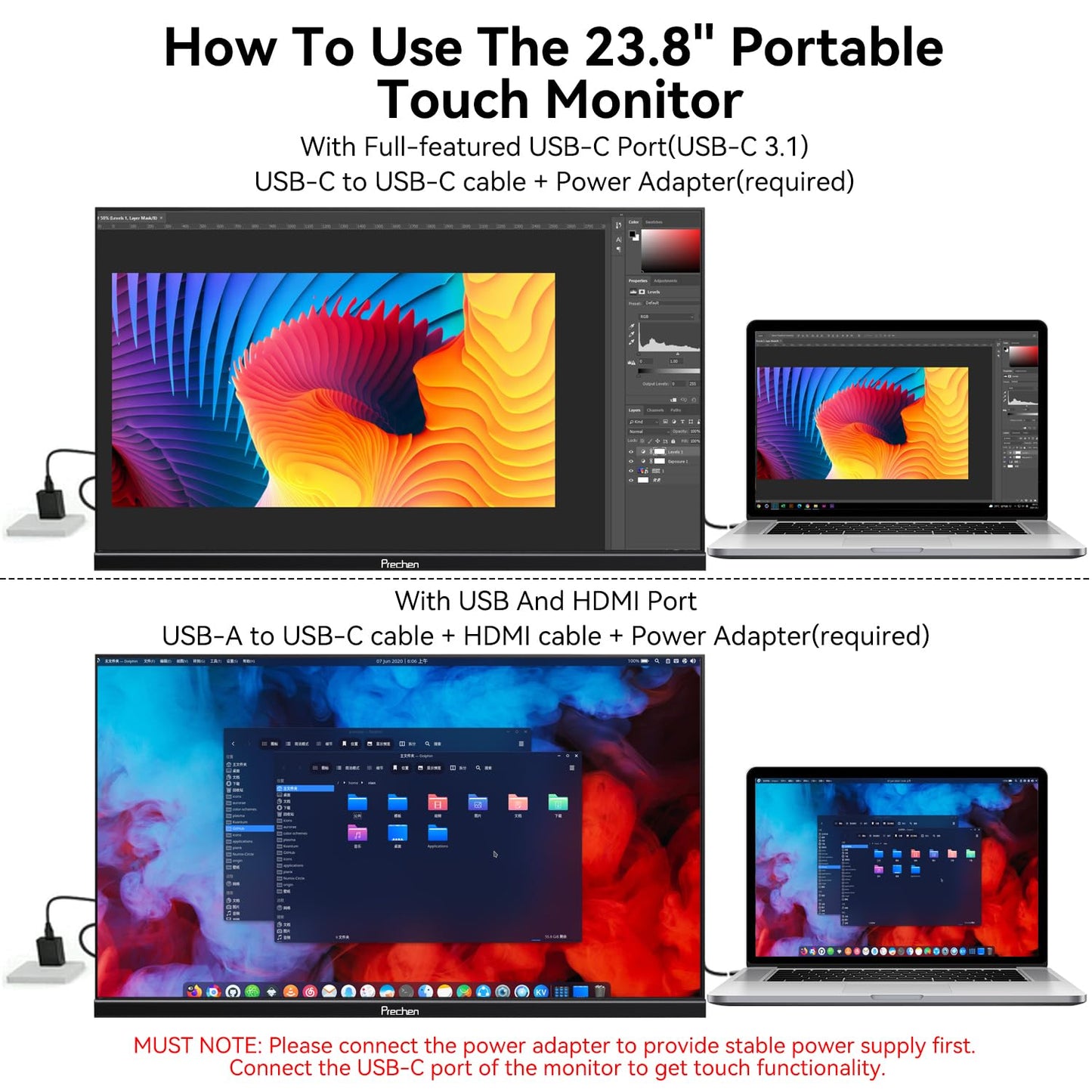 23.8" Portable Touchscreen Monitor 100% sRGB VA FHD 1080P, 4000:1 Contrast, VESA, Built-in Speaker, w/90°Adjustable Stand USB-C HDMI 75Hz External Second Touch Screen Display for Laptop/PC/Phone