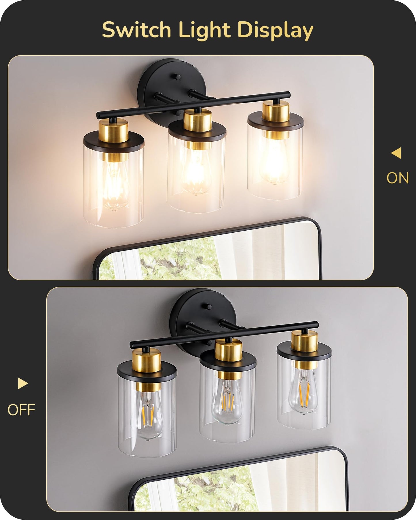 EDISHINE 3-Light Bathroom Vanity Light Fixture, Metal, Black and Gold, Model HHVL04H, Clear Glass Shade