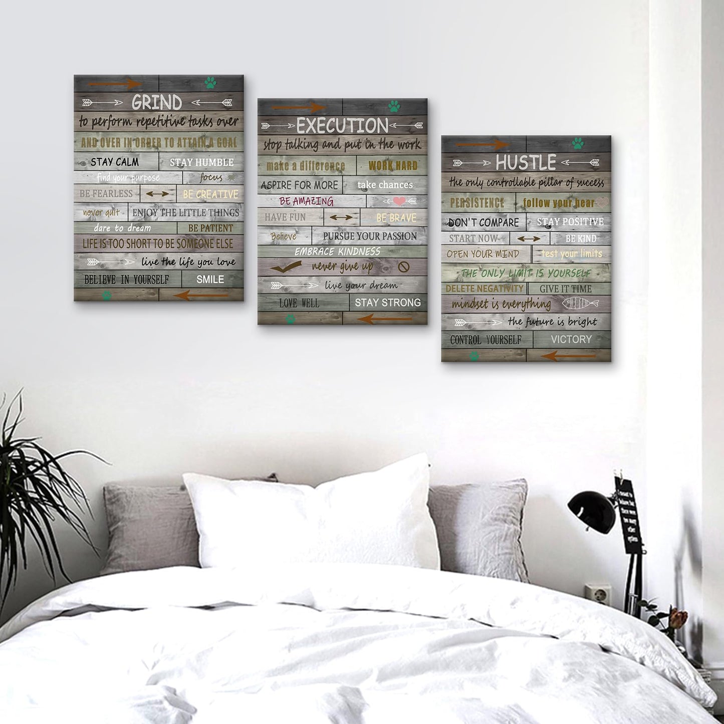 PSYYSP 3 Piece Canvas Wall Art Grind Execution Hustle Posters, Rustic Motivational Triptych Wall Decor for Office, Bedroom, Dorm, Business Workspace, Framed Canvas 36x16inch