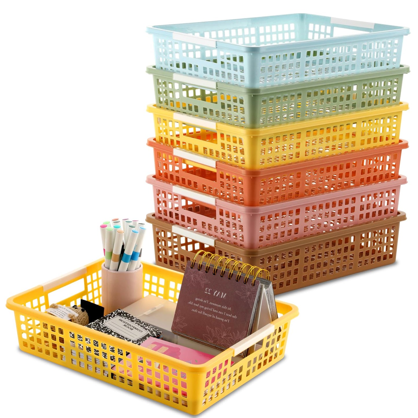 Yakydesign 6 PCS Plastic Classroom Turn in Paper Trays Storage Bin Basket Organizers Holds 4A Paper File for School Teacher Supplies Classroom Office Home Organization and Storage Tray (Boho)