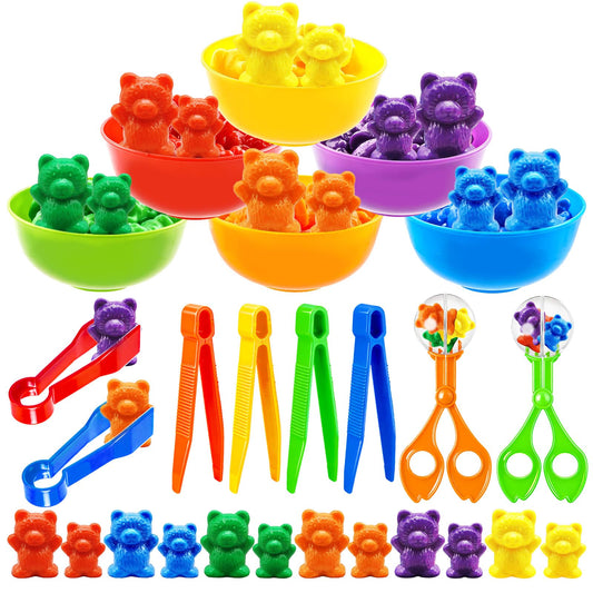 Bbiamsleep Rainbow Counting Bears Set, 105 Pcs Color Sorting Bear Counters Fine Motor Skills Sensory Bin Tools Light Table Manipulatives for Sorting Counting Training