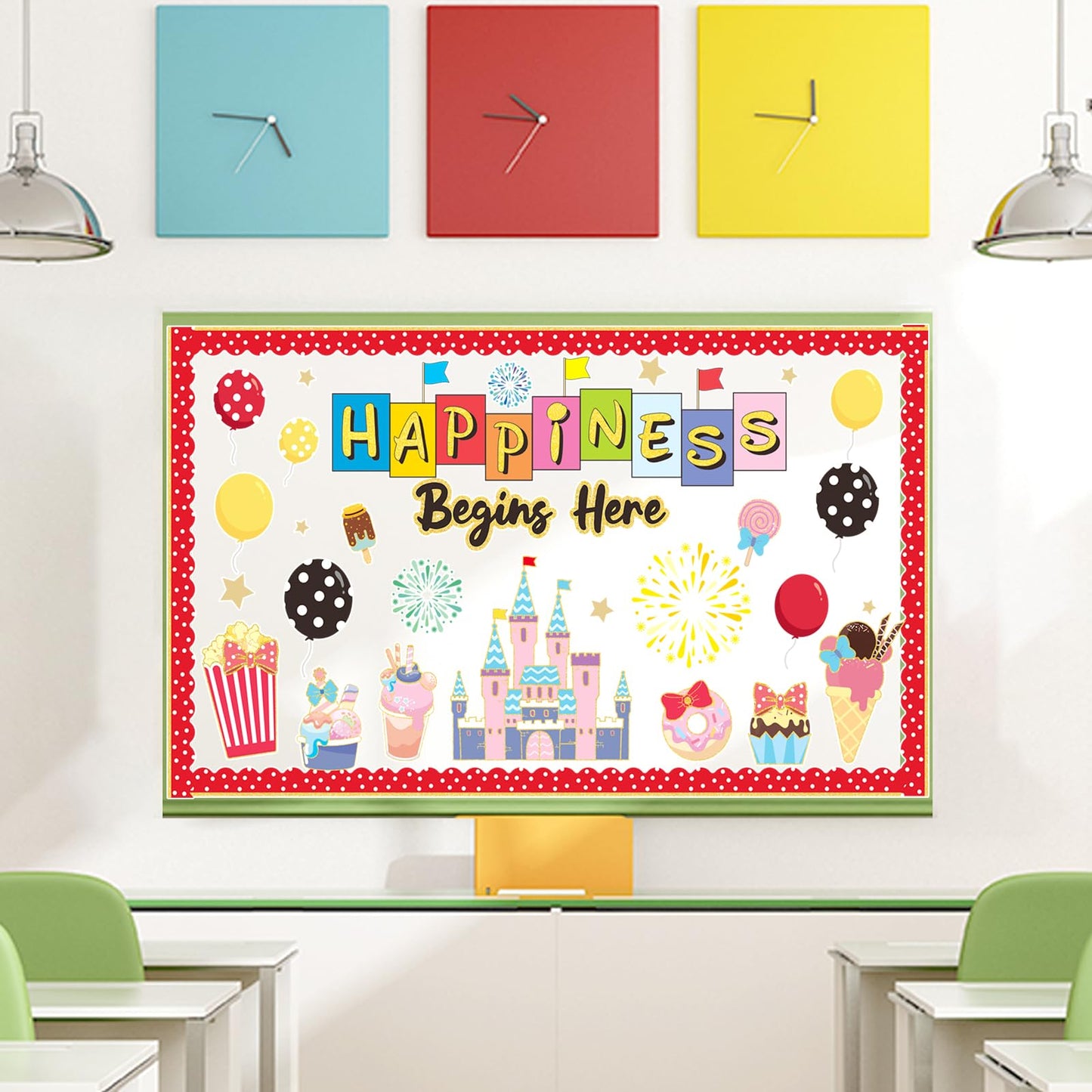 Magic Candy Bulletin Board Decorations Set with Borders Happiness Begins Here Cutouts Decor for Teachers Castle Bulletin Board for Class School Classroom Chalkboard Wall Decor